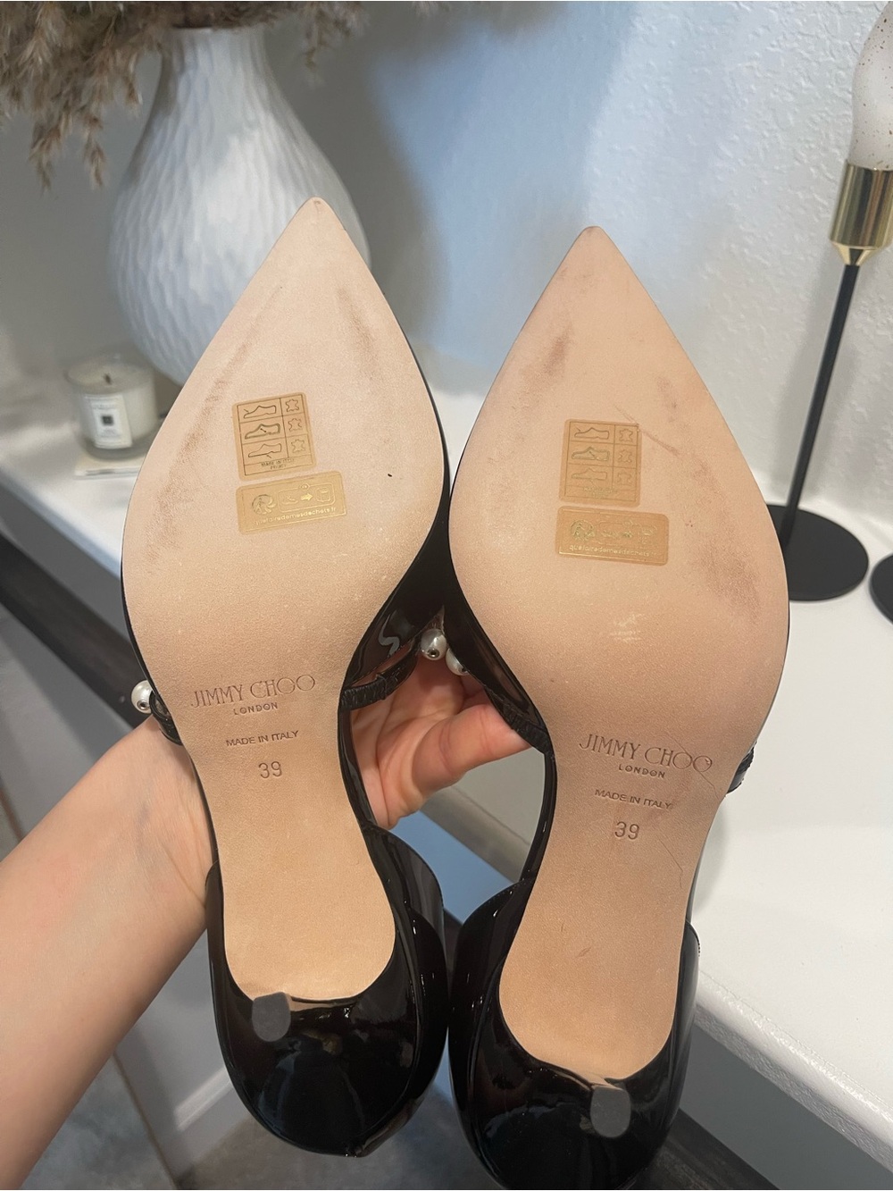 Jimmy Choo Black Patent Leather Pearl-Strap Pointed Slingback Heels - Picture 7 of 11